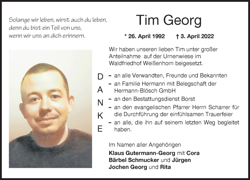 Traueranzeige von Tim Georg von Illertisser Zeitung, Neu-Ulmer Zeitung