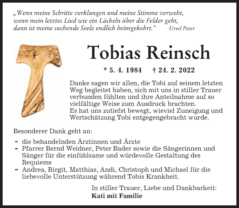 Traueranzeige von Tobias Reinsch von Augsburg-Land, Augsburger Allgemeine