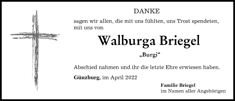 Traueranzeige von Walburga Briegel von Günzburger Zeitung