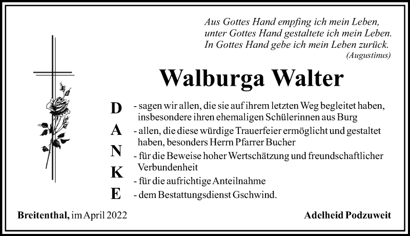 Traueranzeige von Walburga Walter von Mittelschwäbische Nachrichten