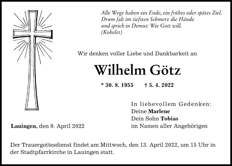  Traueranzeige für Wilhelm Götz vom 09.04.2022 aus Donau Zeitung