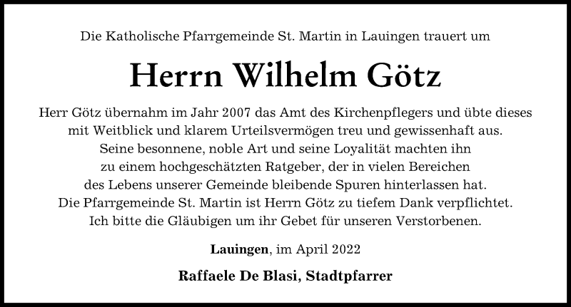  Traueranzeige für Wilhelm Götz vom 09.04.2022 aus Donau Zeitung