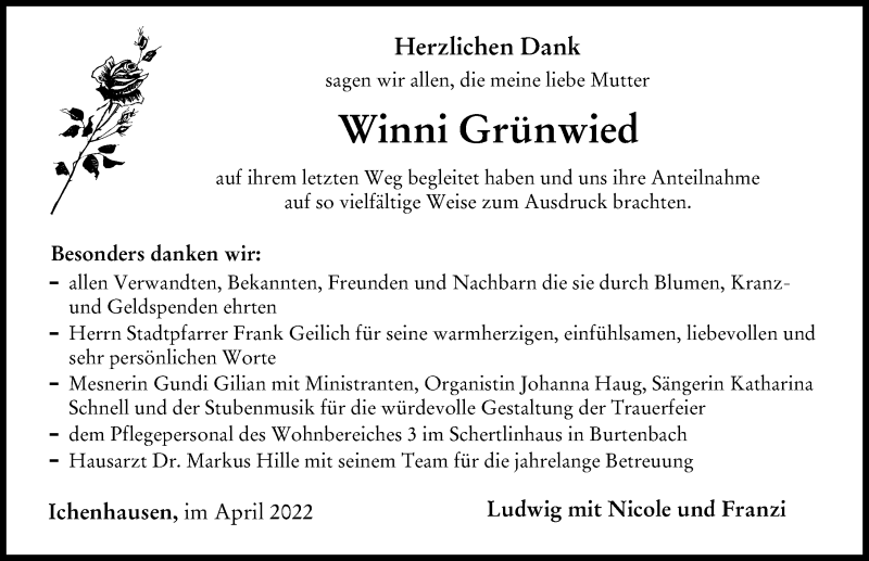 Traueranzeige von Winni Grünwied von Günzburger Zeitung
