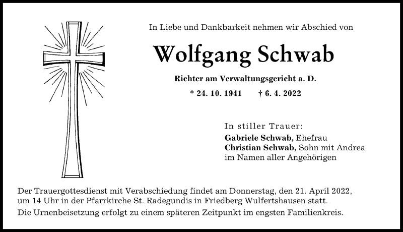 Traueranzeige von Wolfgang Schwab von Friedberger Allgemeine
