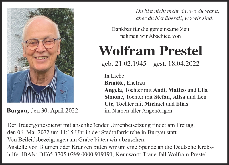 Traueranzeige von Wolfram Prestel von Günzburger Zeitung