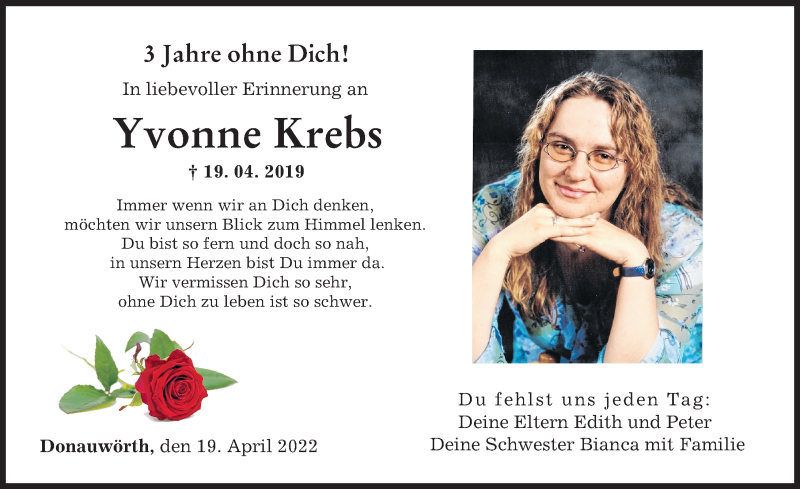  Traueranzeige für Yvonne Krebs vom 19.04.2022 aus Donauwörther Zeitung