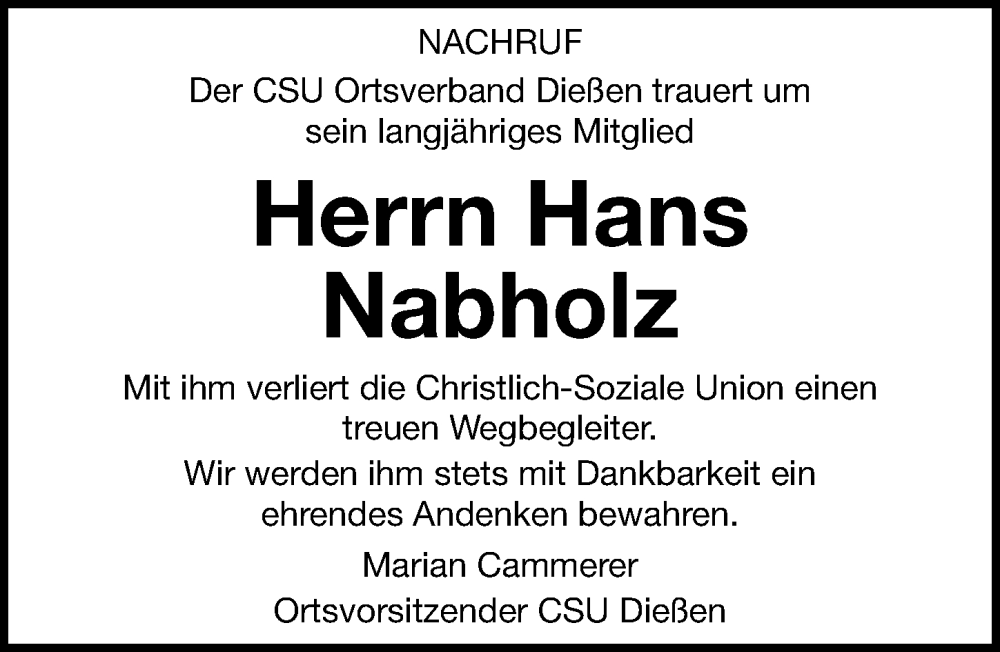  Traueranzeige für Hans Nabholz vom 20.05.2022 aus Ammersee Kurier