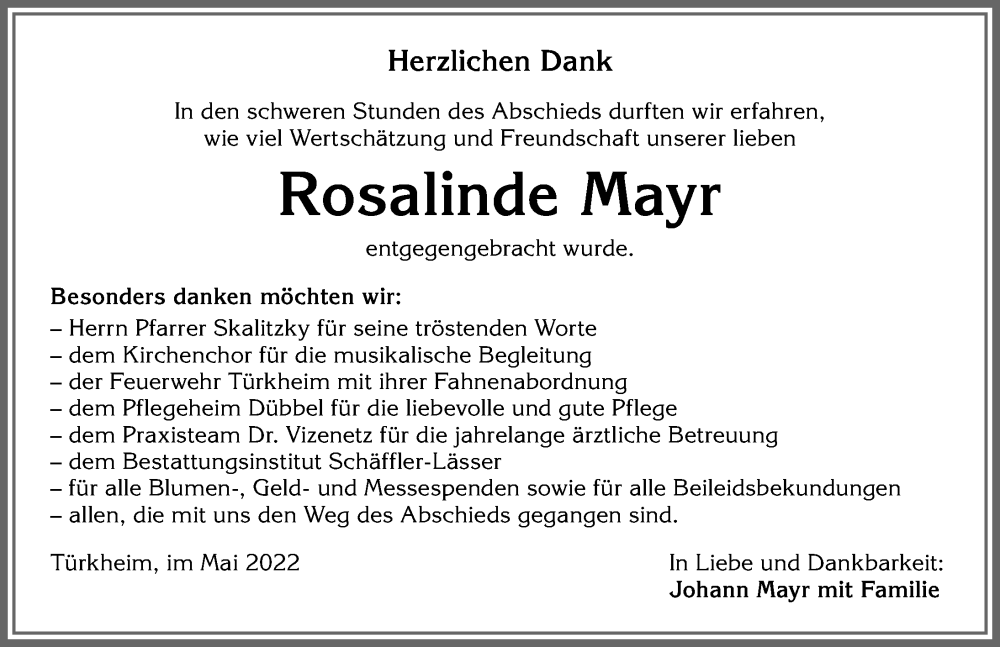 Traueranzeige von Rosalinde Mayr von Mindelheimer Zeitung