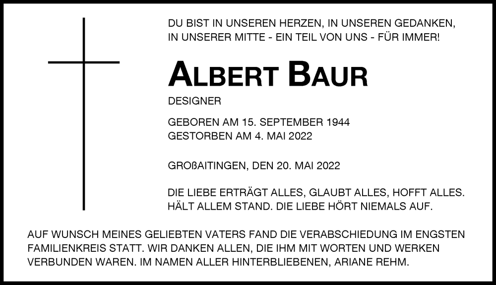  Traueranzeige für Albert Baur vom 20.05.2022 aus Mindelheimer Zeitung, Schwabmünchner Allgemeine, Augsburger Allgemeine
