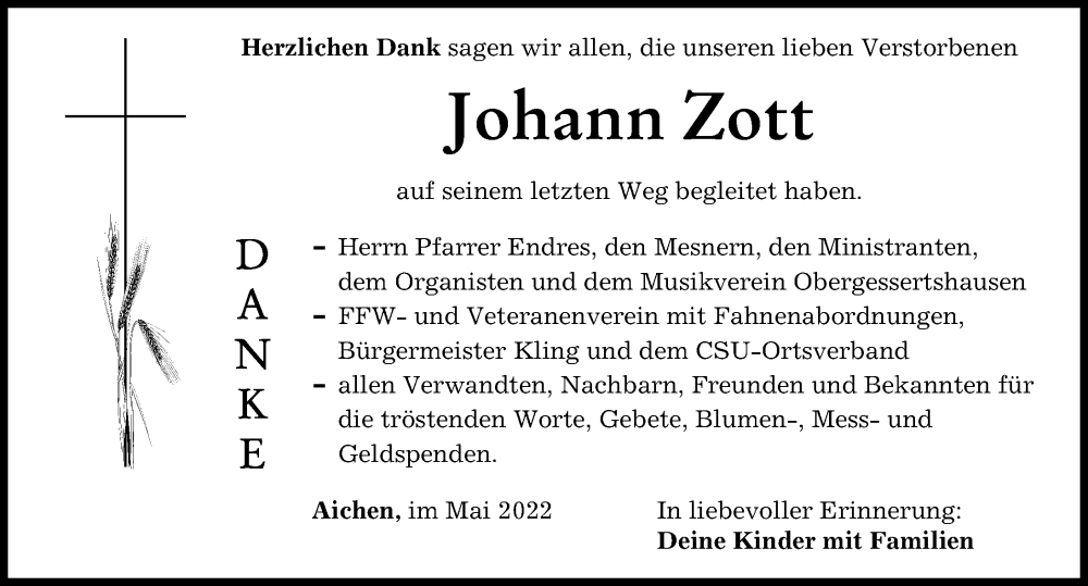 Traueranzeige von Johann Zott von Mittelschwäbische Nachrichten