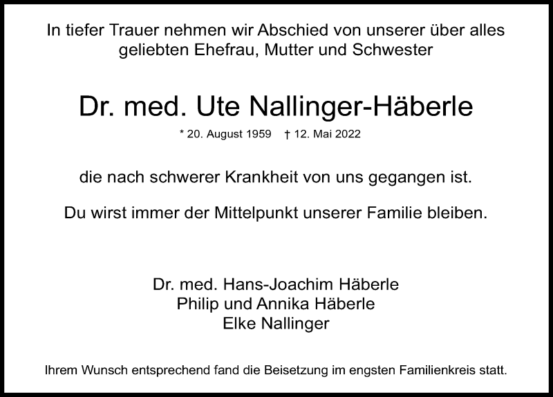 Traueranzeige von Ute Nallinger-Häberle von Augsburger Allgemeine, Neu-Ulmer Zeitung