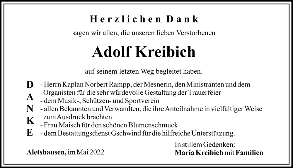 Traueranzeige von Adolf Kreibich von Mittelschwäbische Nachrichten