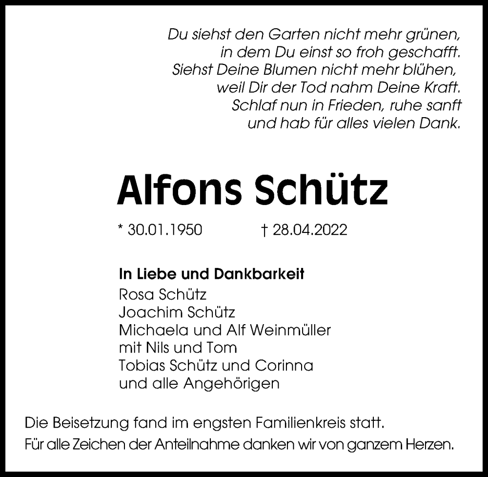  Traueranzeige für Alfons Schütz vom 13.05.2022 aus Neu-Ulmer Zeitung