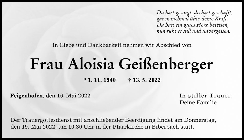  Traueranzeige für Aloisia Geißenberger vom 16.05.2022 aus Augsburger Allgemeine