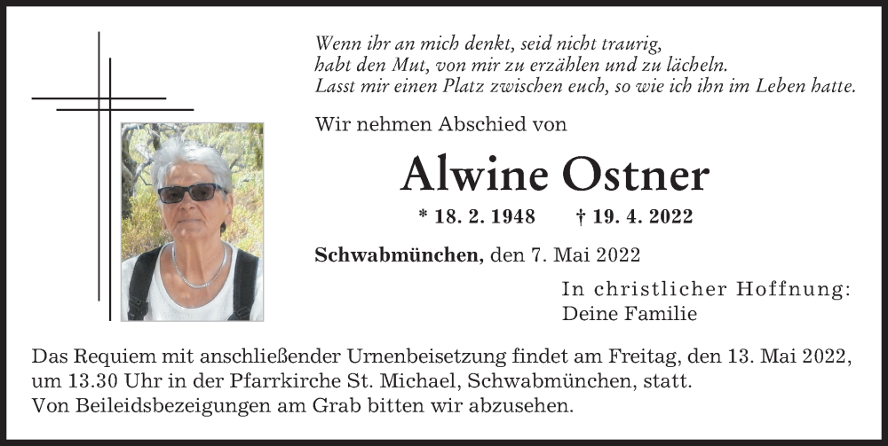 Traueranzeige von Alwine Ostner von Schwabmünchner Allgemeine