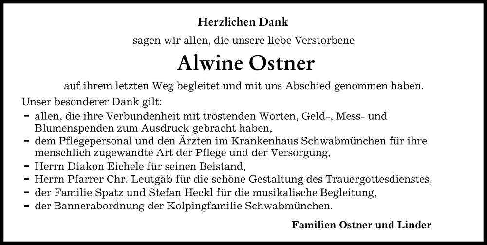 Traueranzeige von Alwine Ostner von Schwabmünchner Allgemeine