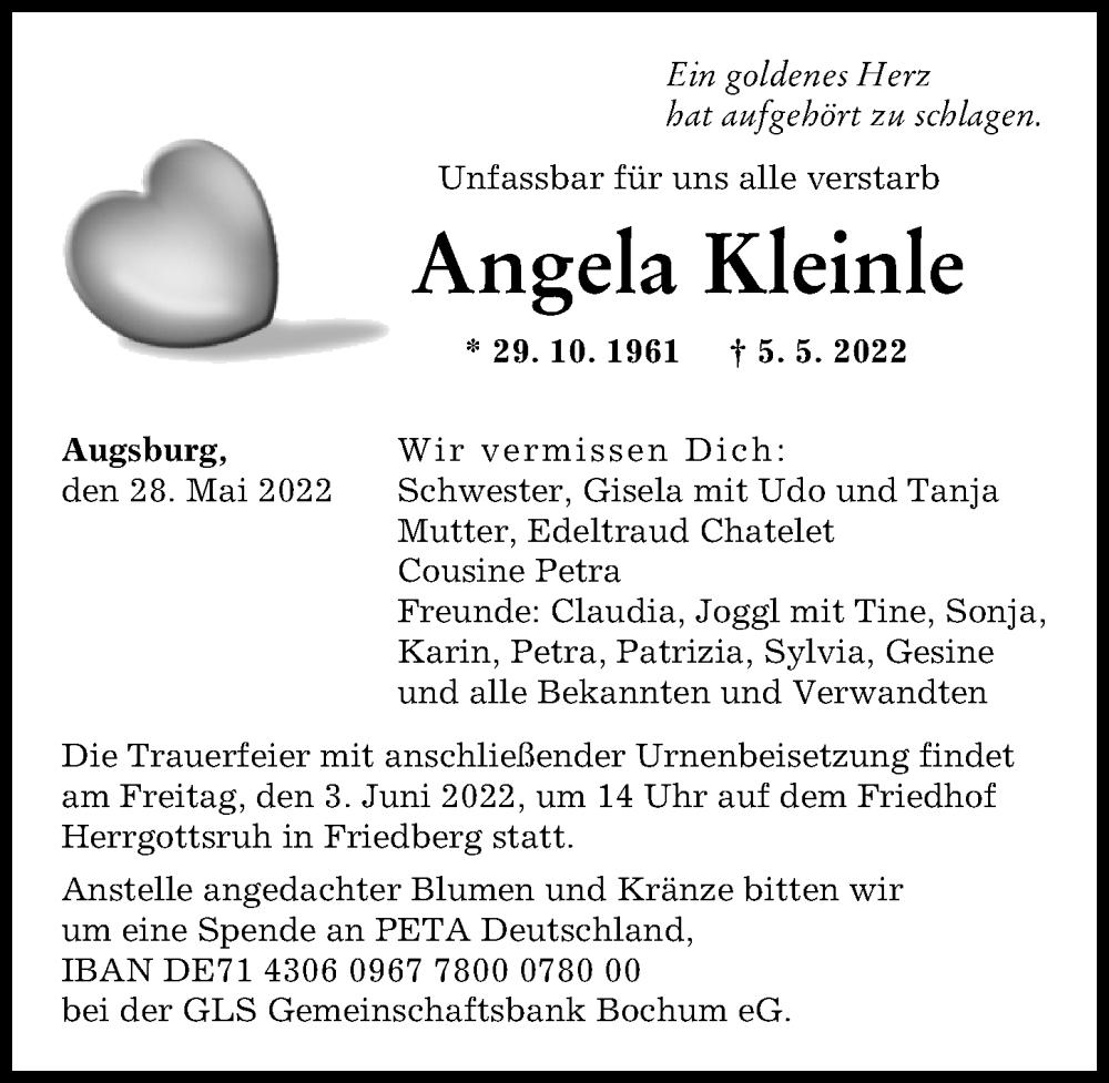  Traueranzeige für Angela Kleinle vom 28.05.2022 aus Augsburger Allgemeine