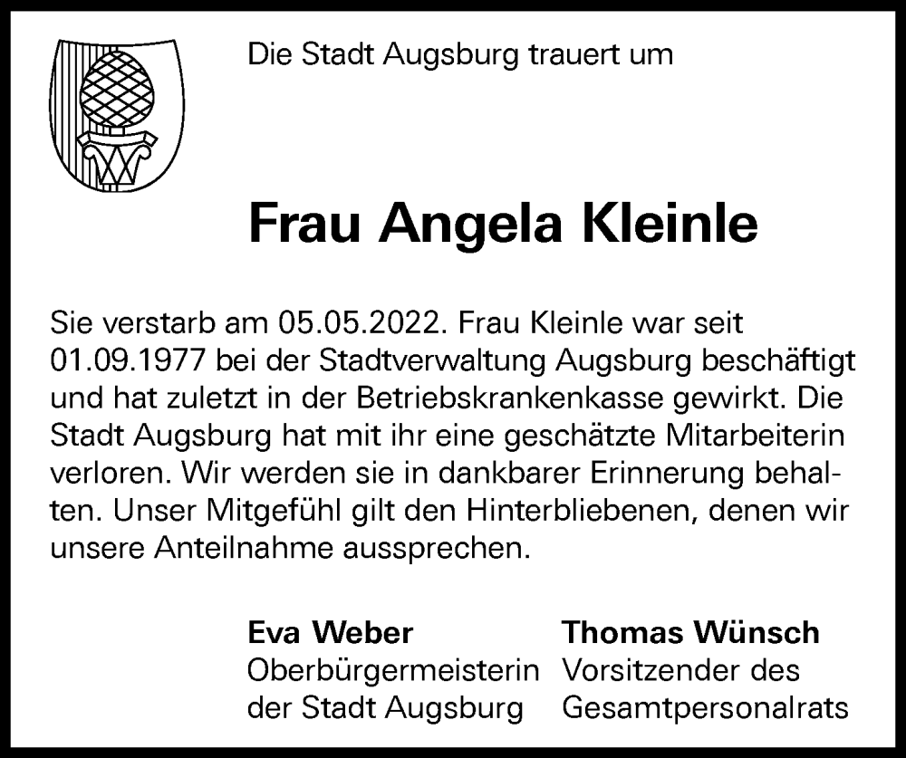  Traueranzeige für Angela Kleinle vom 14.05.2022 aus Augsburger Allgemeine