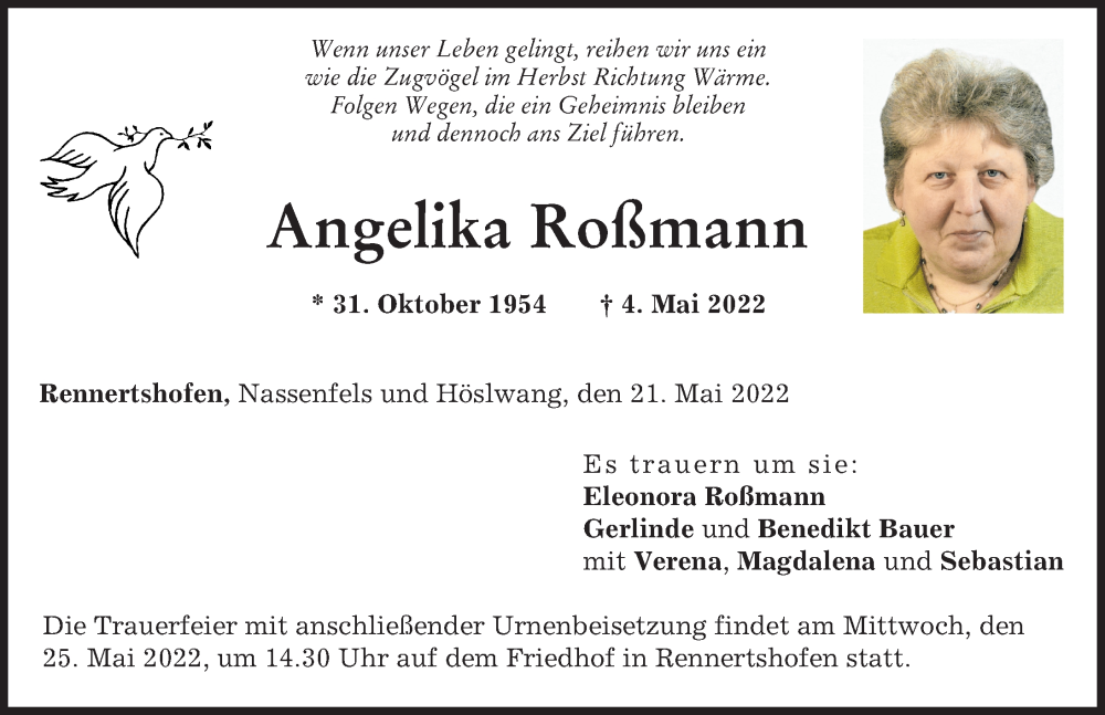 Traueranzeigen Von Angelika Roßmann Augsburger Allgemeine Zeitung