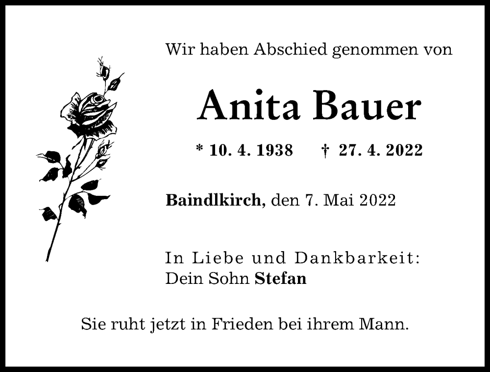 Traueranzeige von Anita Bauer von Friedberger Allgemeine