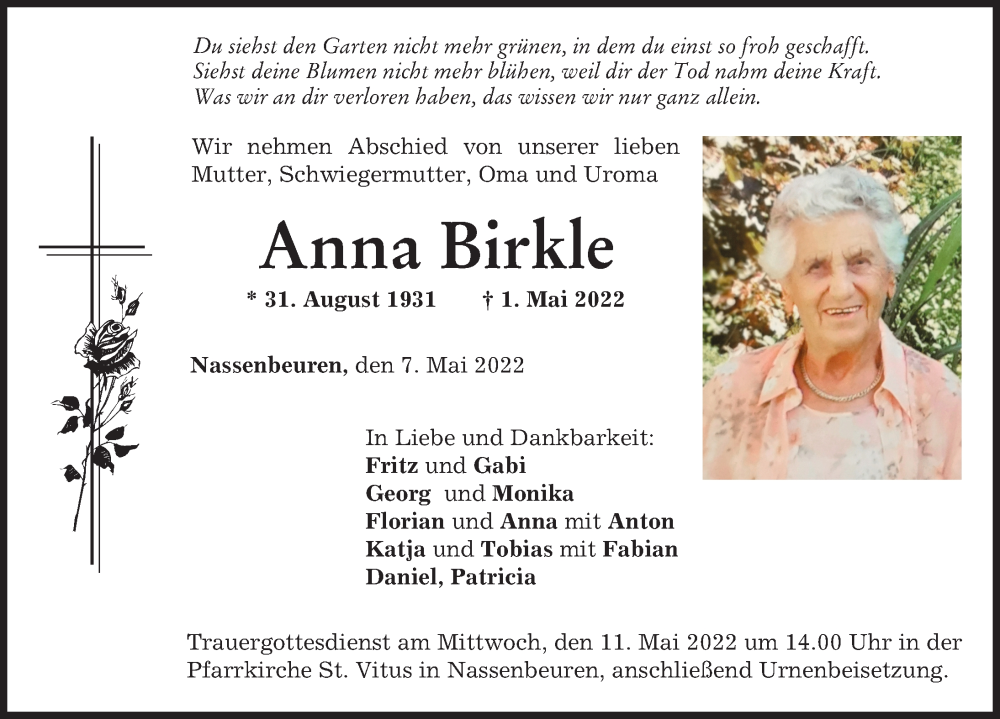 Traueranzeige von Anna Birkle von Mindelheimer Zeitung