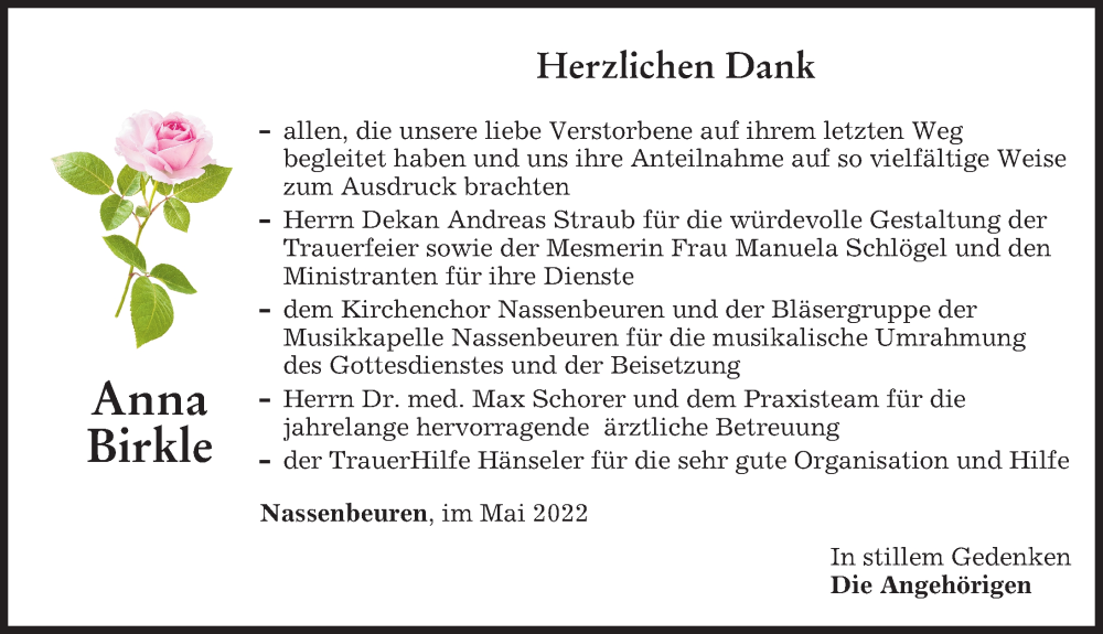 Traueranzeige von Anna Birkle von Mindelheimer Zeitung