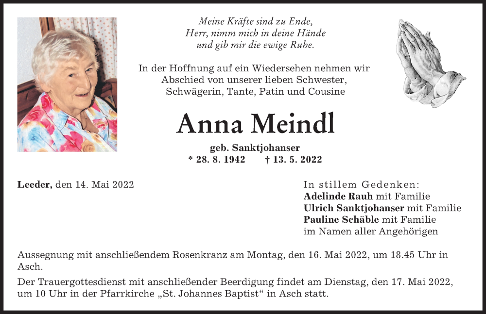  Traueranzeige für Anna Meindl vom 14.05.2022 aus Landsberger Tagblatt