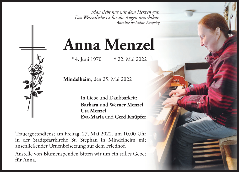 Traueranzeige für Anna Menzel vom 25.05.2022 aus Mindelheimer Zeitung