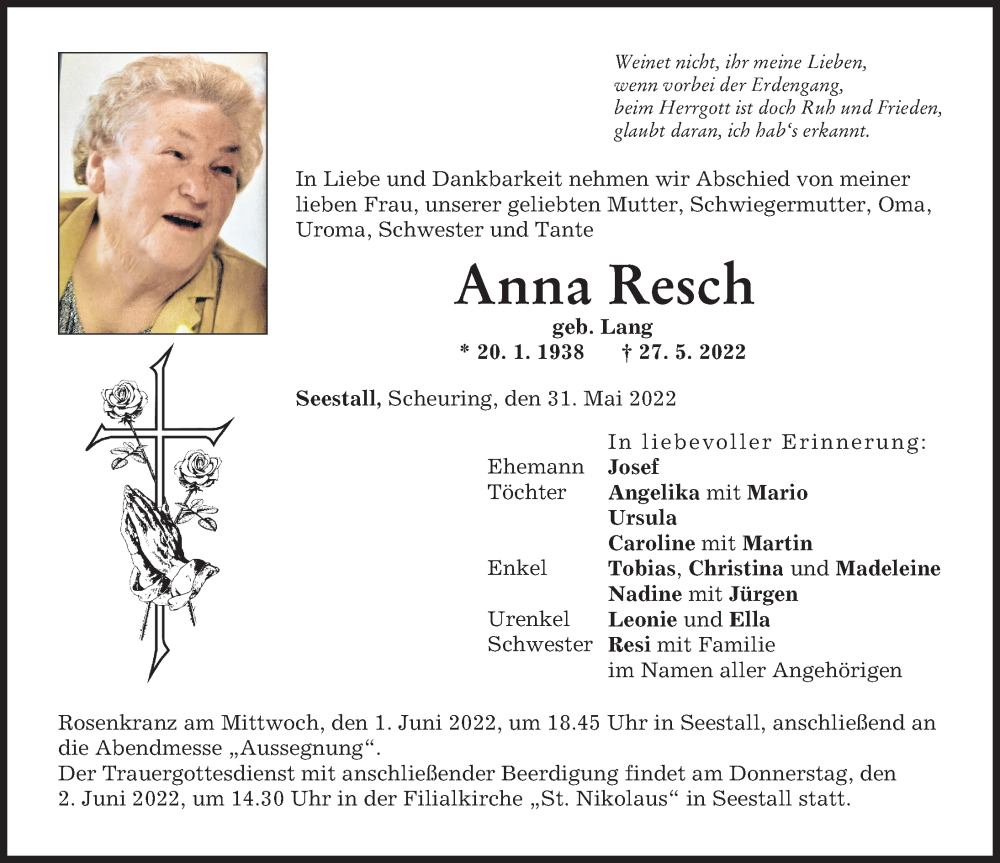  Traueranzeige für Anna Resch vom 31.05.2022 aus Landsberger Tagblatt