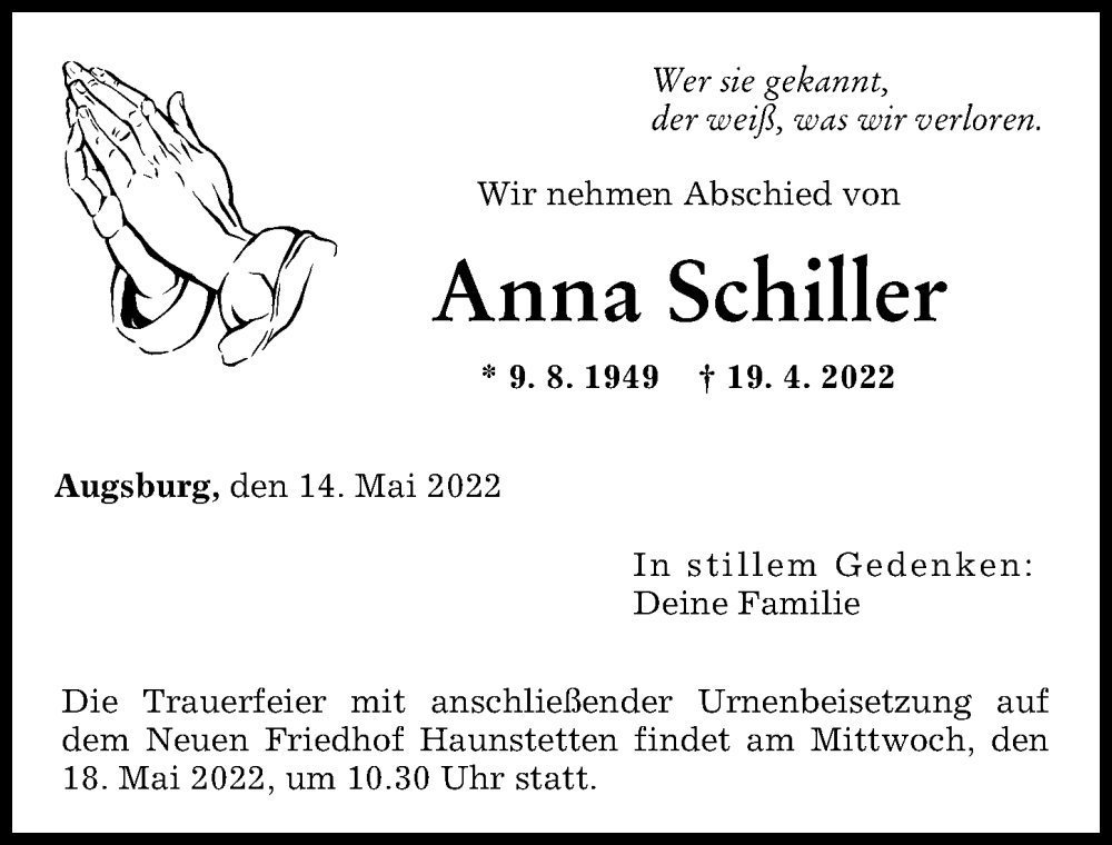 Traueranzeige von Anna Schiller von Augsburger Allgemeine