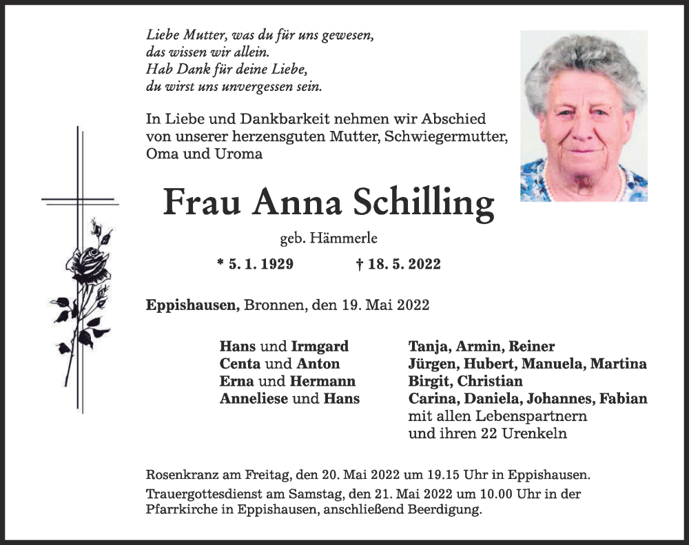  Traueranzeige für Anna Schilling vom 19.05.2022 aus Mindelheimer Zeitung