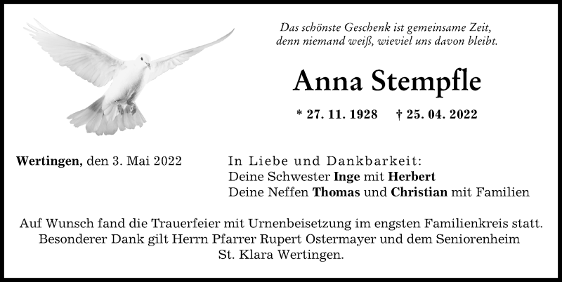 Traueranzeige von Anna Stempfle von Wertinger Zeitung