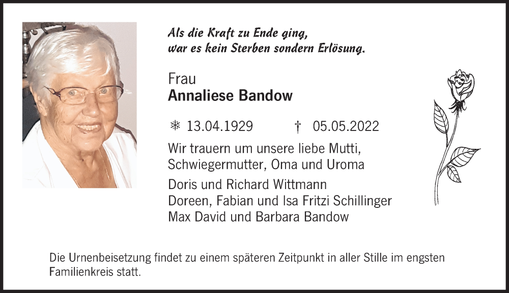  Traueranzeige für Annaliese Bandow vom 07.05.2022 aus Neuburger Rundschau