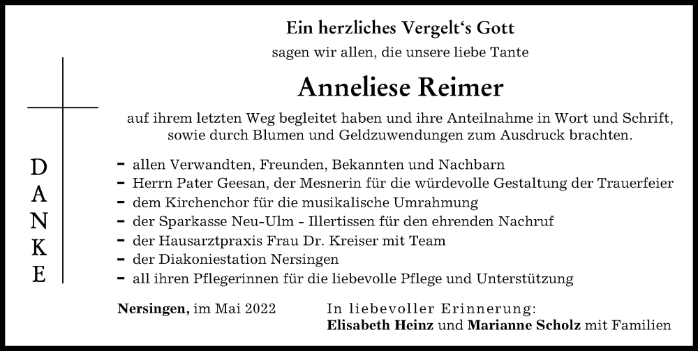 Traueranzeige von Anneliese Reimer von Neu-Ulmer Zeitung