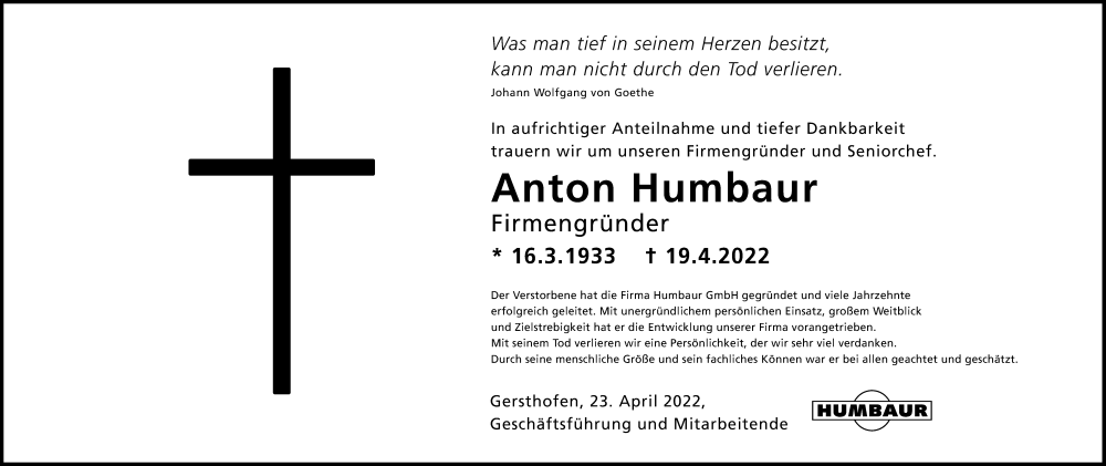 Traueranzeige von Anton Humbaur von Augsburger Allgemeine
