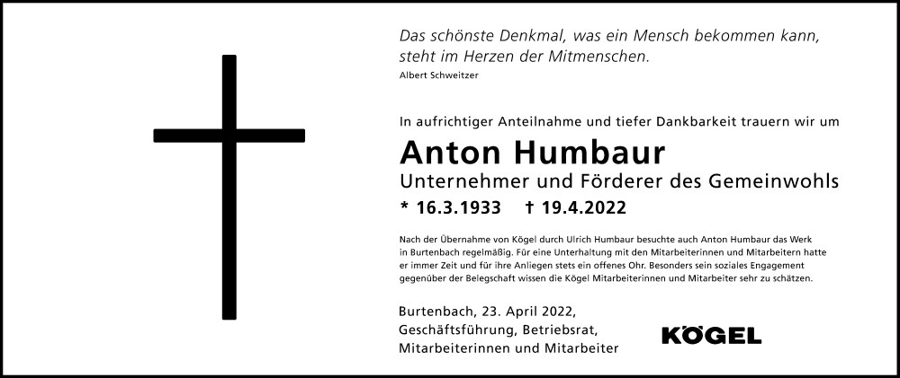  Traueranzeige für Anton Humbaur vom 23.04.2022 aus Augsburger Allgemeine