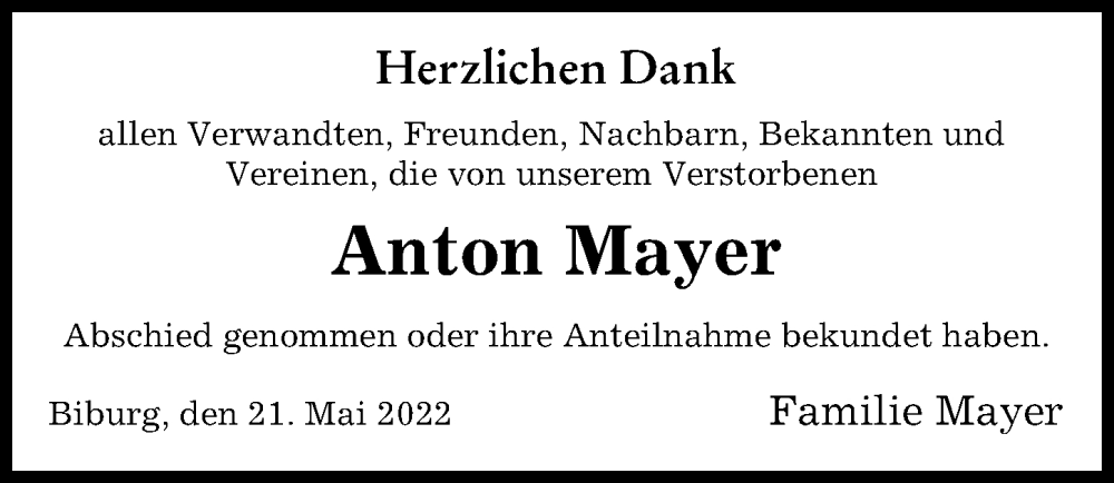 Traueranzeige von Anton Mayer von Augsburger Allgemeine