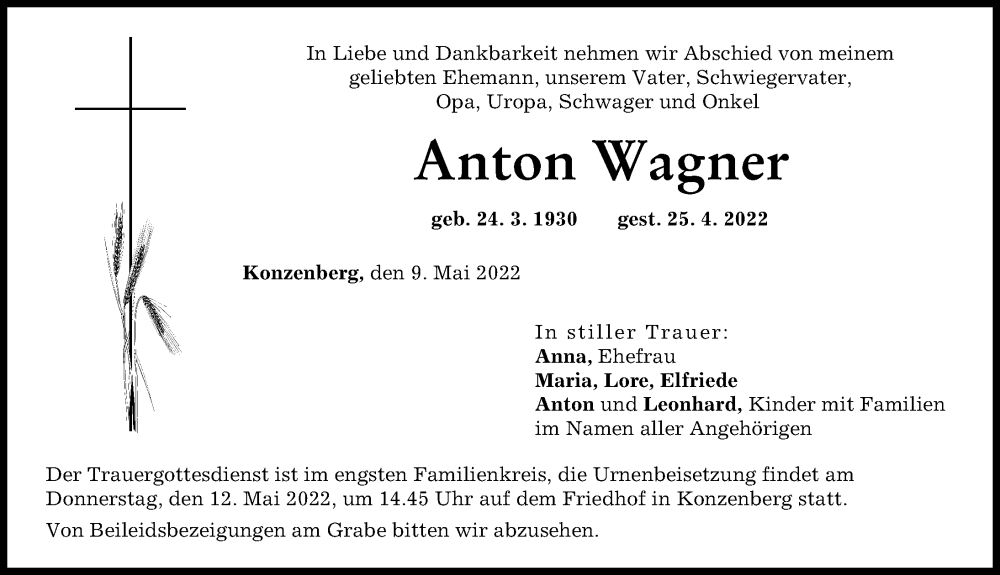 Traueranzeige von Anton Wagner von Günzburger Zeitung