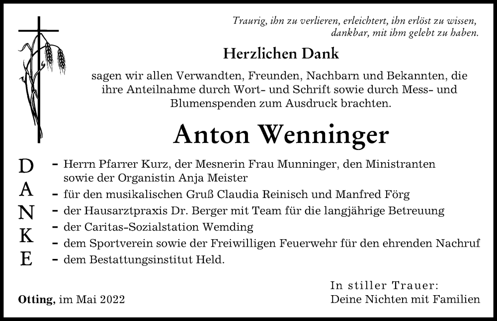 Traueranzeige von Anton Wenninger von Donauwörther Zeitung