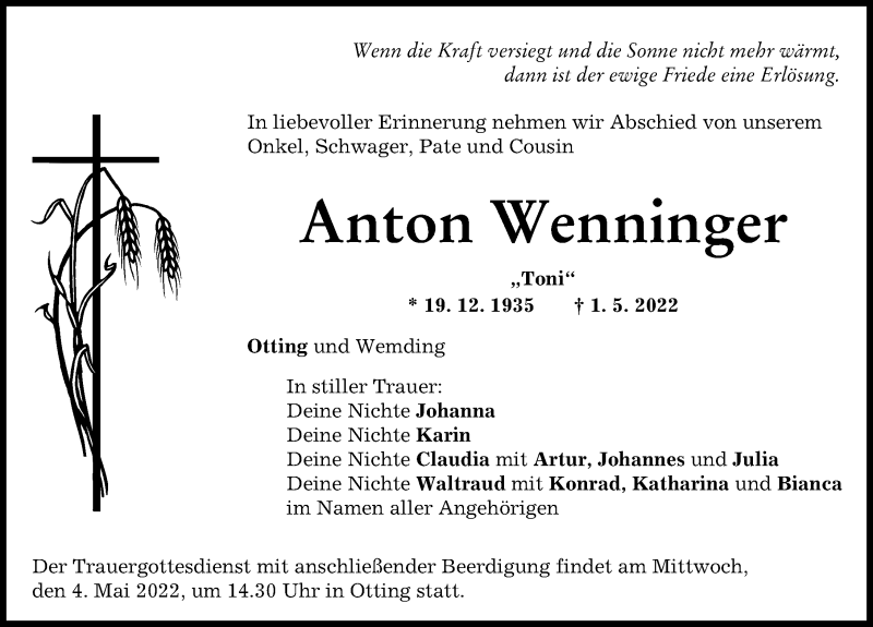 Traueranzeige von Anton Wenninger von Donauwörther Zeitung