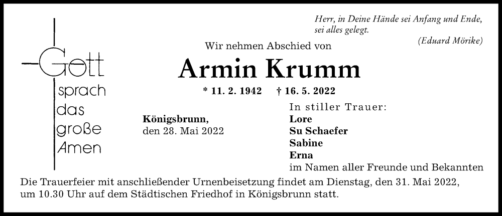 Traueranzeige von Armin Krumm von Schwabmünchner Allgemeine