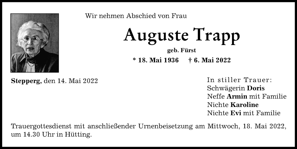 Traueranzeige von Auguste Trapp von Neuburger Rundschau