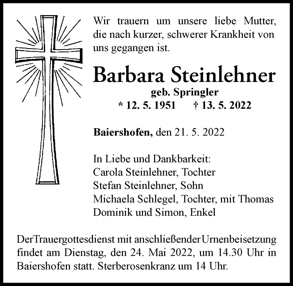 Traueranzeige von Barbara Steinlehner von Günzburger Zeitung, Augsburg-Land