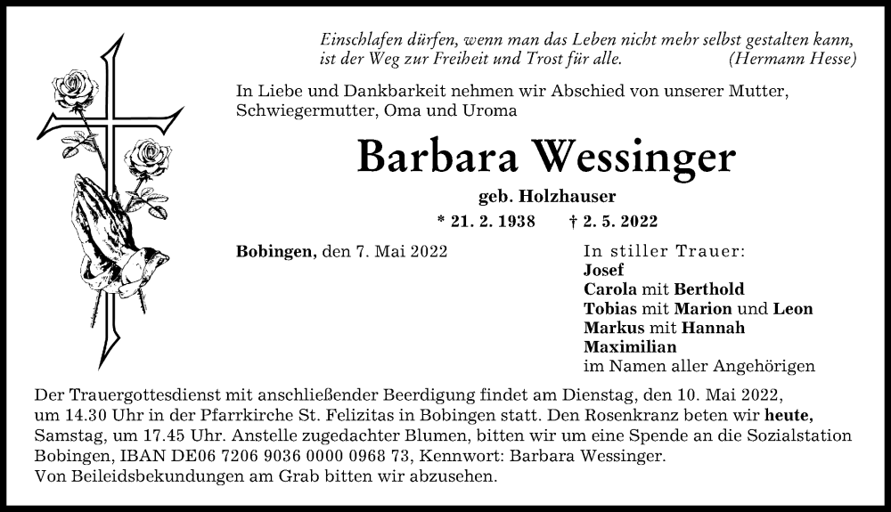Traueranzeige von Barbara Wessinger von Schwabmünchner Allgemeine
