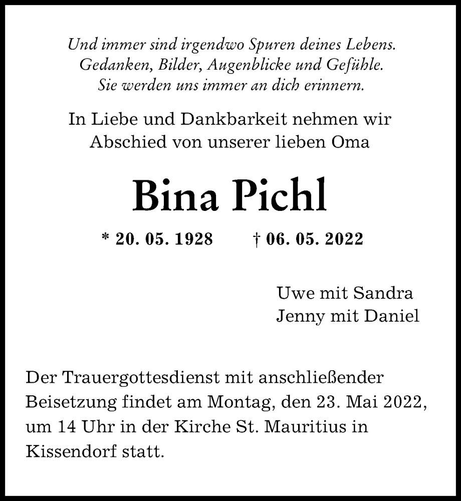 Traueranzeige von Bina Pichl von Günzburger Zeitung
