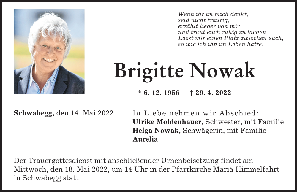  Traueranzeige für Brigitte Nowak vom 14.05.2022 aus Schwabmünchner Allgemeine, Augsburger Allgemeine