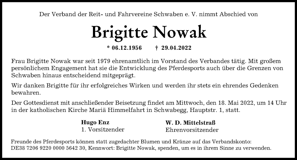  Traueranzeige für Brigitte Nowak vom 14.05.2022 aus Augsburger Allgemeine