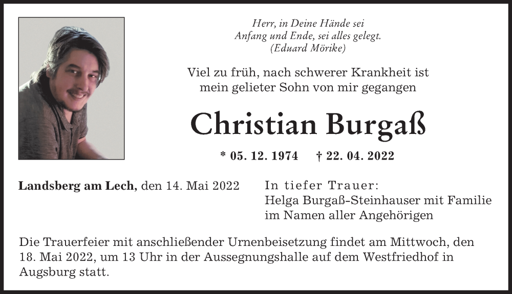  Traueranzeige für Christian Burgaß vom 14.05.2022 aus Augsburger Allgemeine