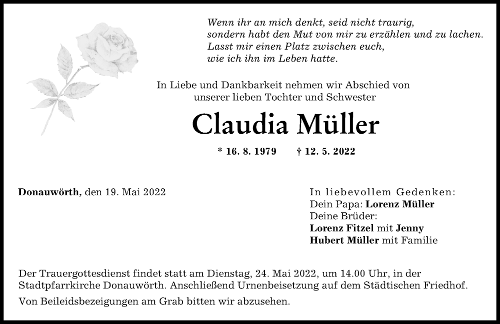 Traueranzeige von Claudia Müller von Donauwörther Zeitung