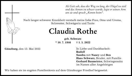 Traueranzeige von Claudia Rothe von Günzburger Zeitung